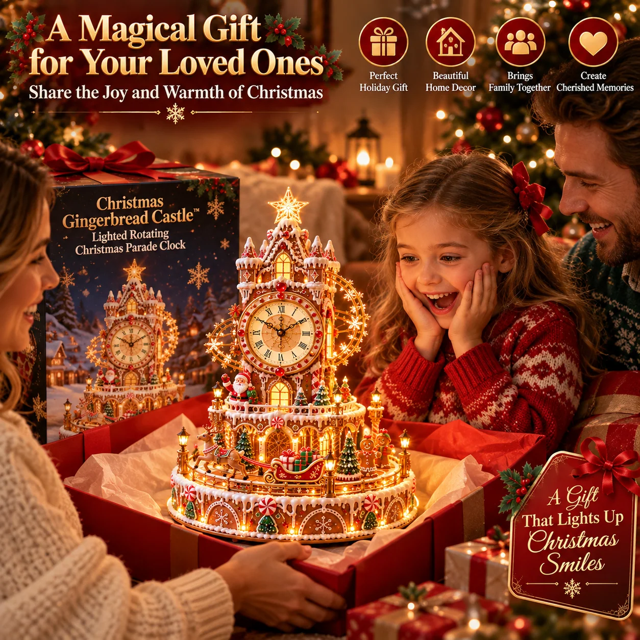 Family enjoying the Christmas Gingerbread Castle as a holiday gift