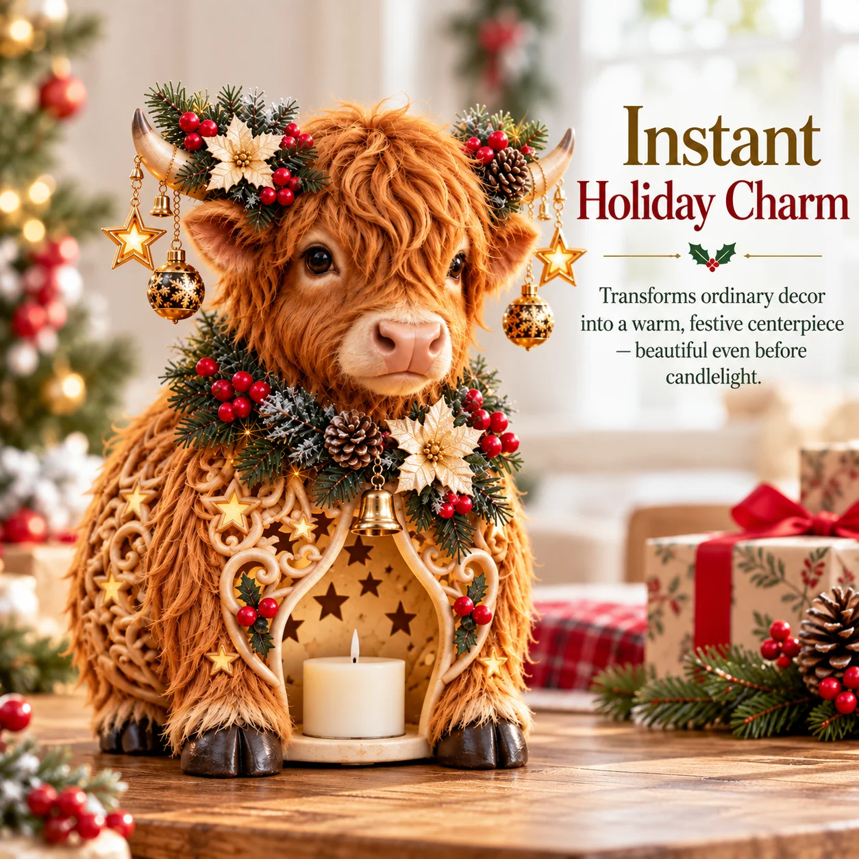 Unique Highland cow holiday centerpiece with detailed Christmas styling