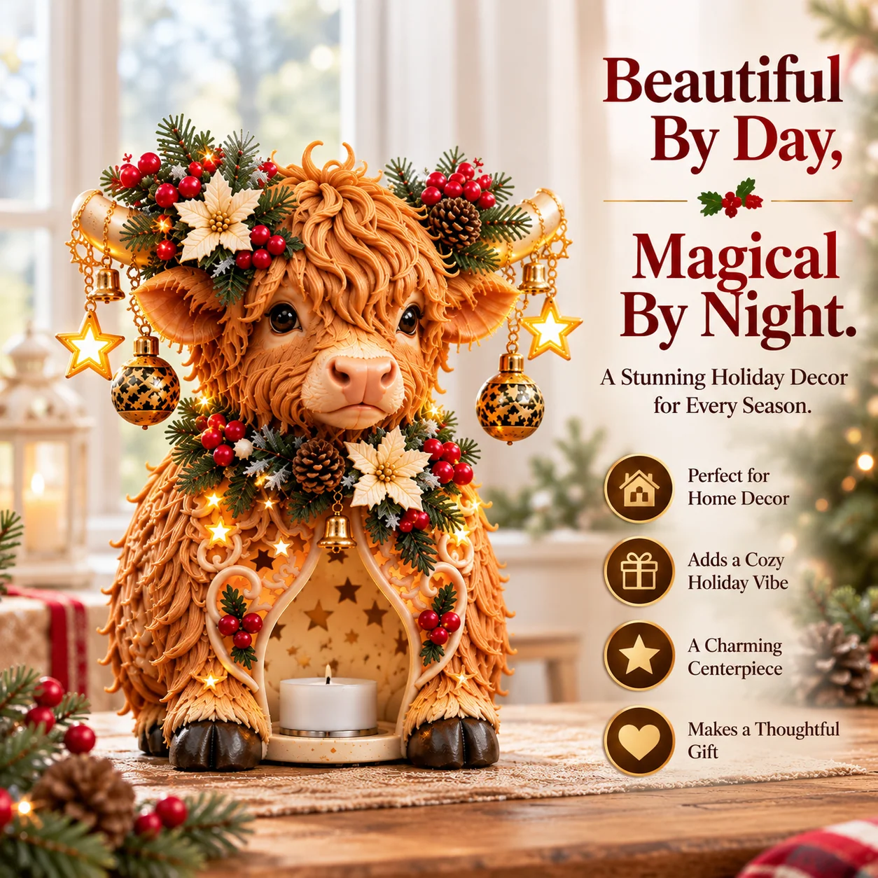 Highland cow Christmas decoration displayed in natural daylight