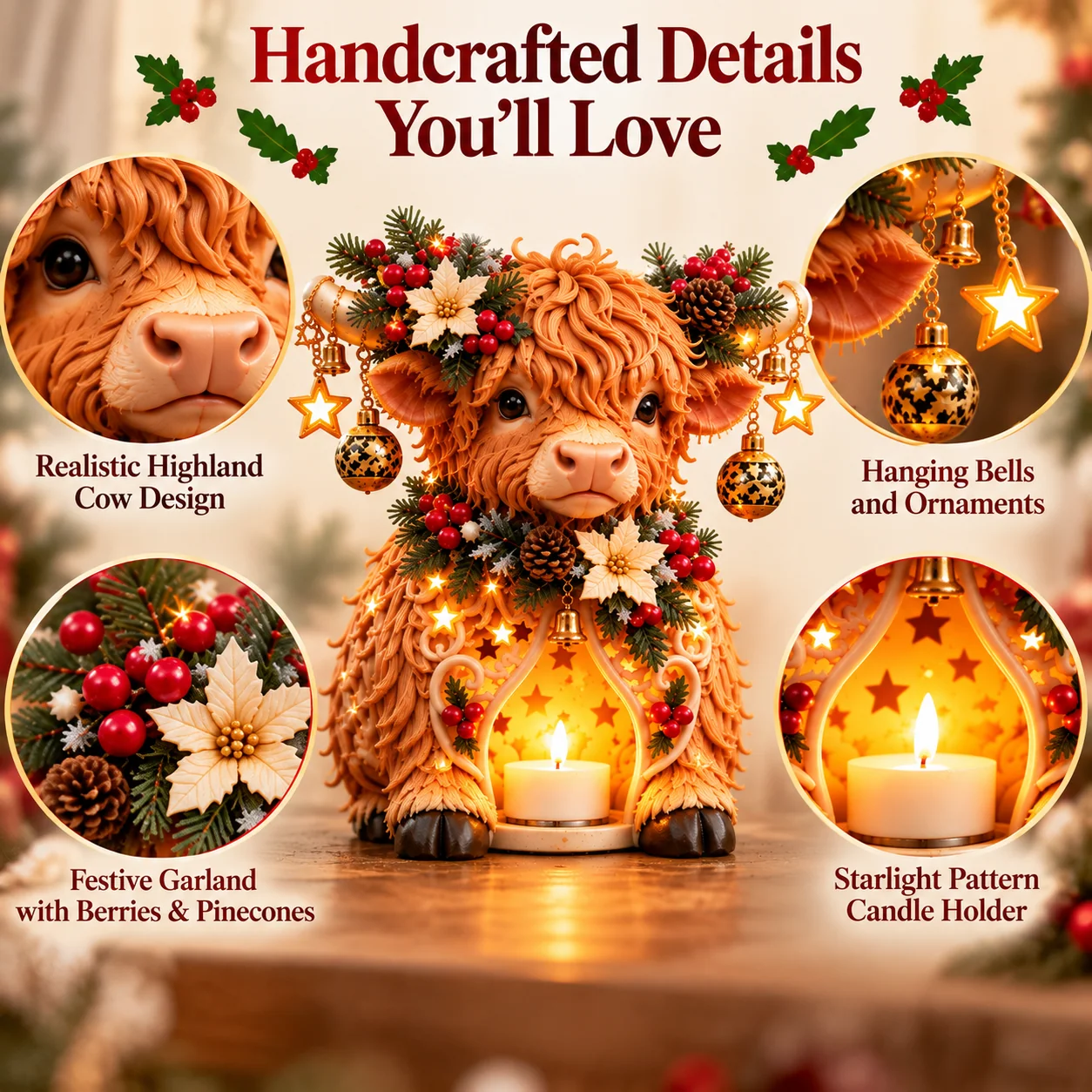 Close-up views of Highland cow ornament details and candle holder