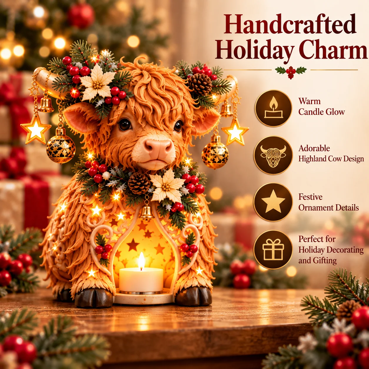 Highland cow lantern with a glowing candle and festive ornaments