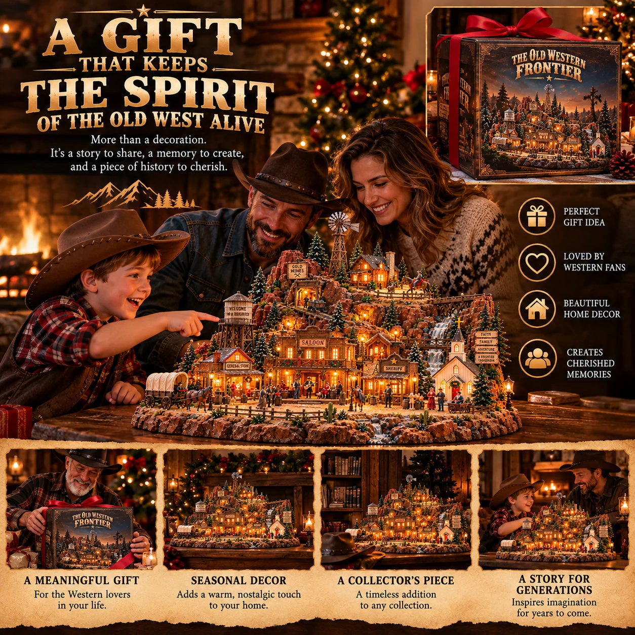 Family admiring the illuminated miniature Western village as a gift
