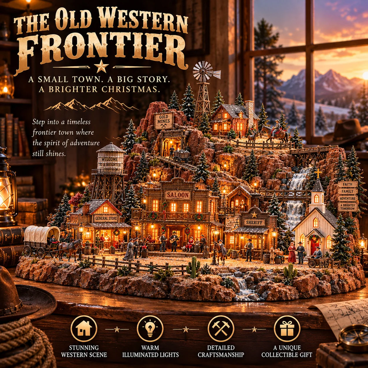 Western frontier village with glowing saloon, mine and covered wagon