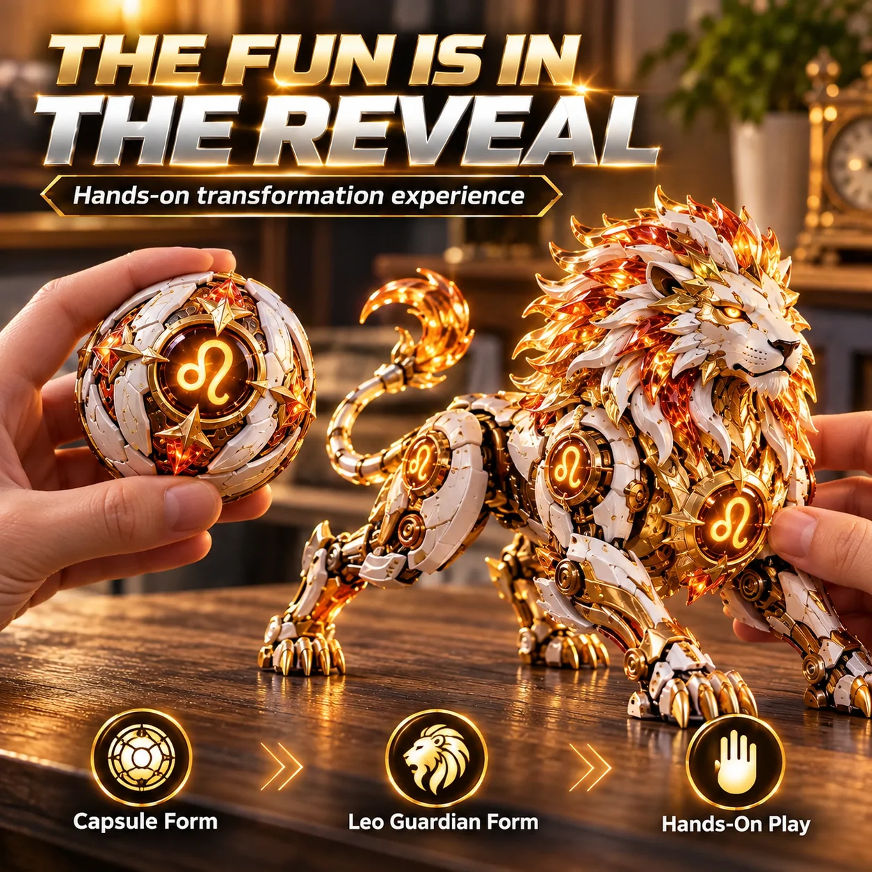 Hands demonstrating Leo guardian and celestial egg