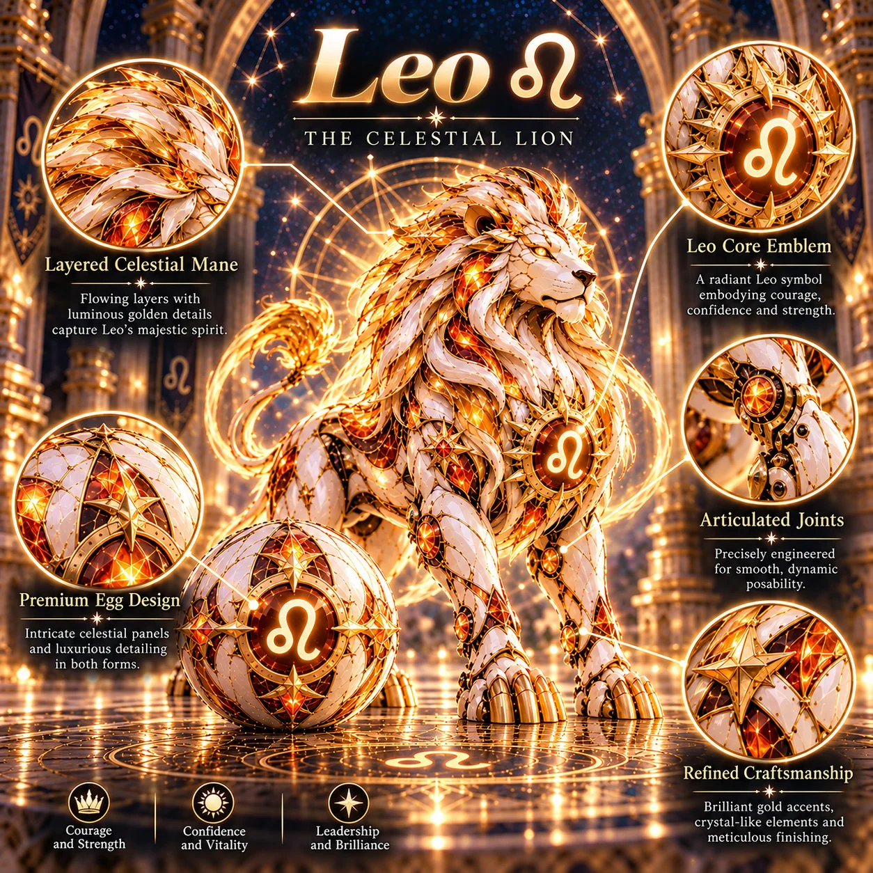 Close-up details of Leo guardian armor and celestial egg