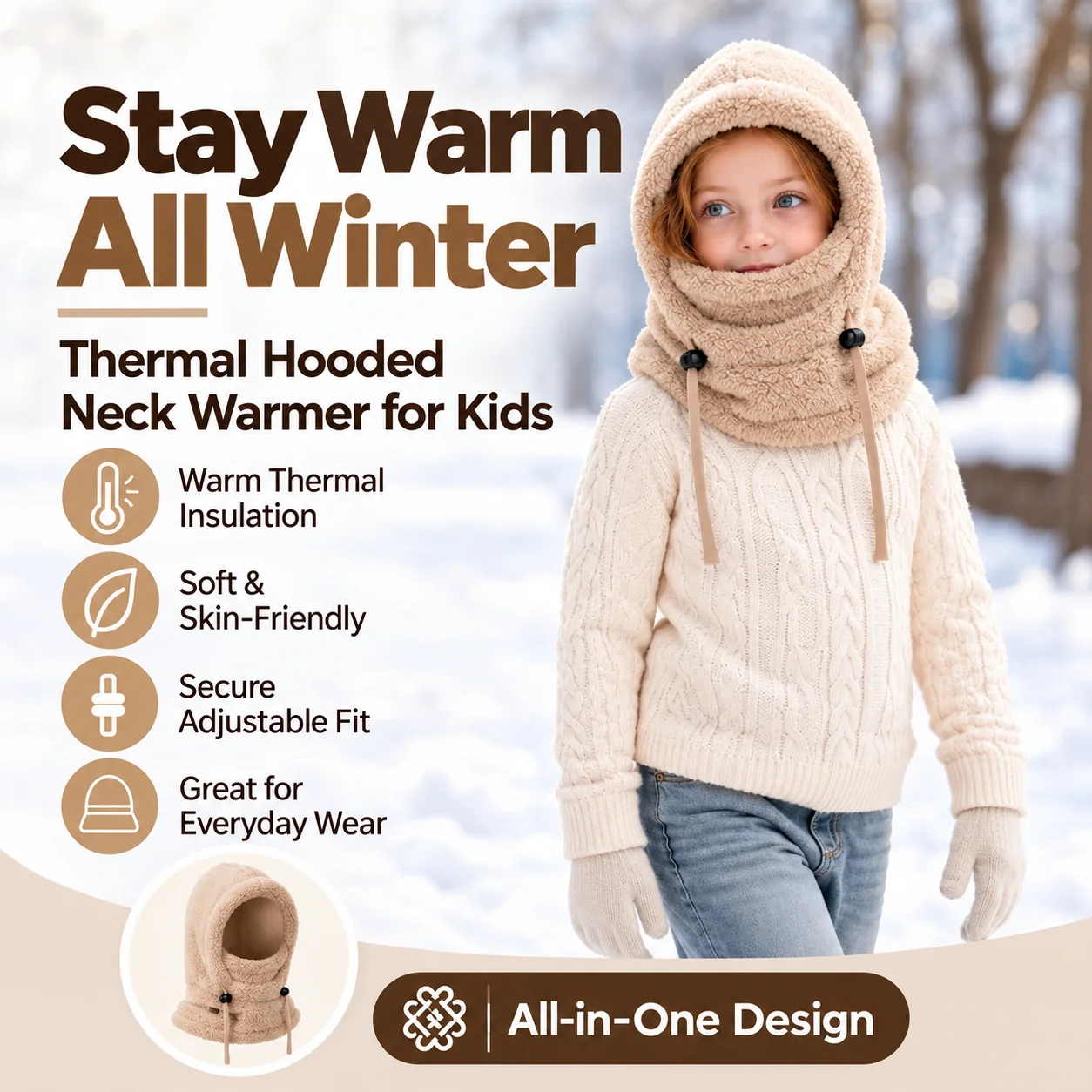 Kids 3-in-1 winter hood with head face and neck coverage
