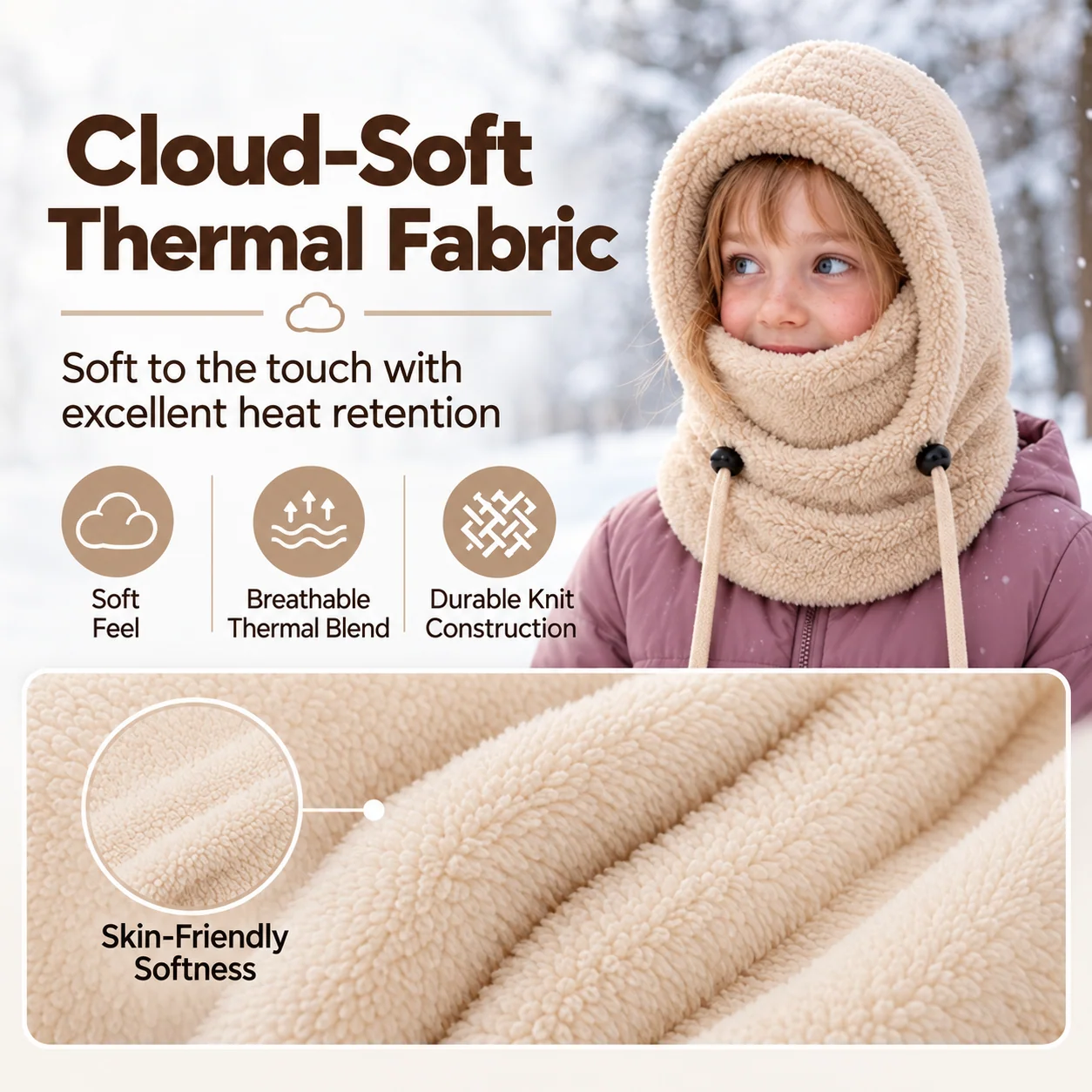 Soft fleece fabric details of children's winter headwear