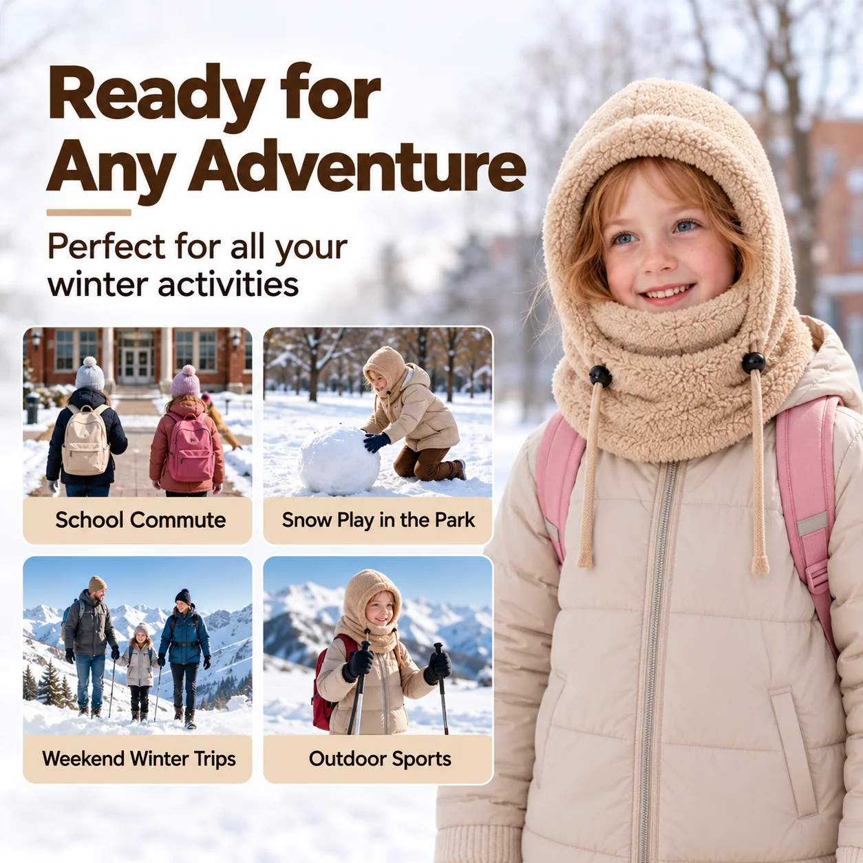 Children's winter hood for school snow play and family outings