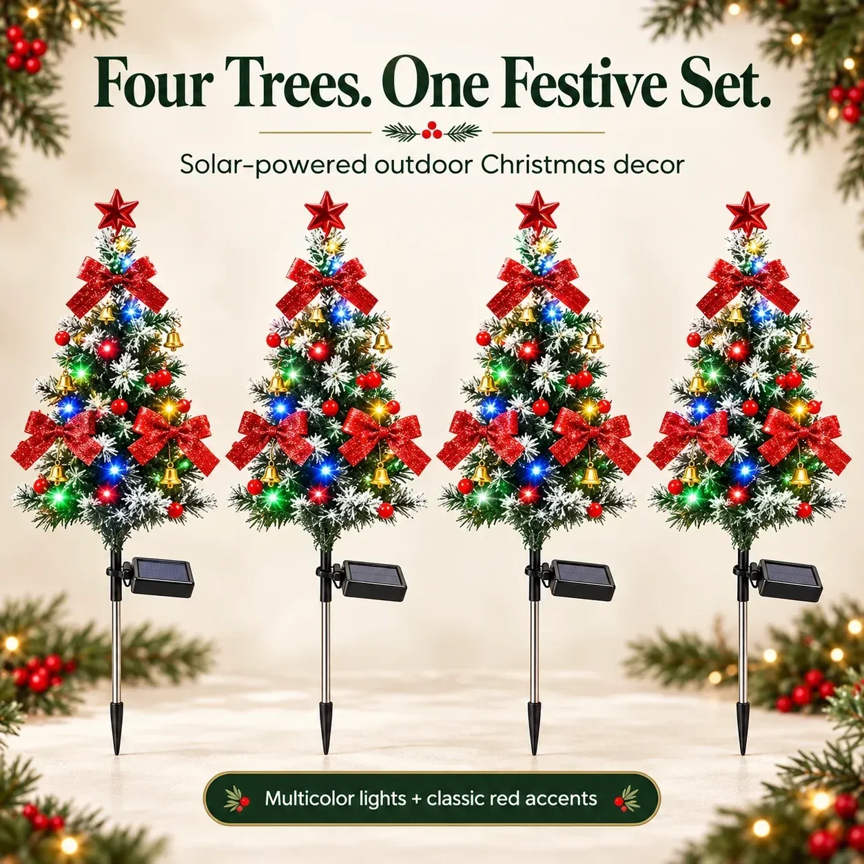 Four trees with ground stakes and solar panels