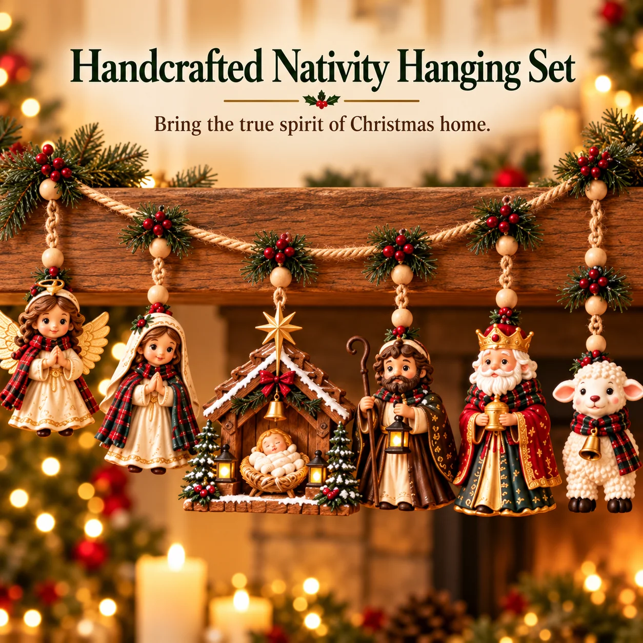 Christmas Nativity hanging garland featuring an angel, Mary, baby Jesus, Joseph, a royal visitor and a lamb