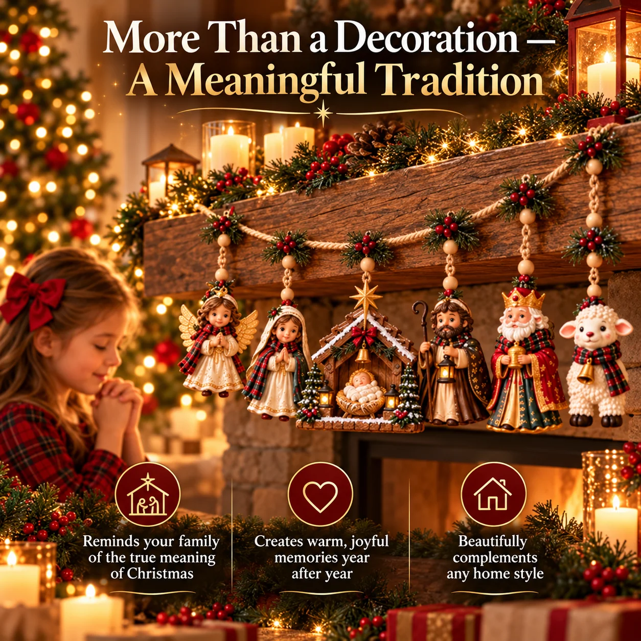 Nativity hanging garland displayed over a festive mantel with a child reflecting on the Christmas story