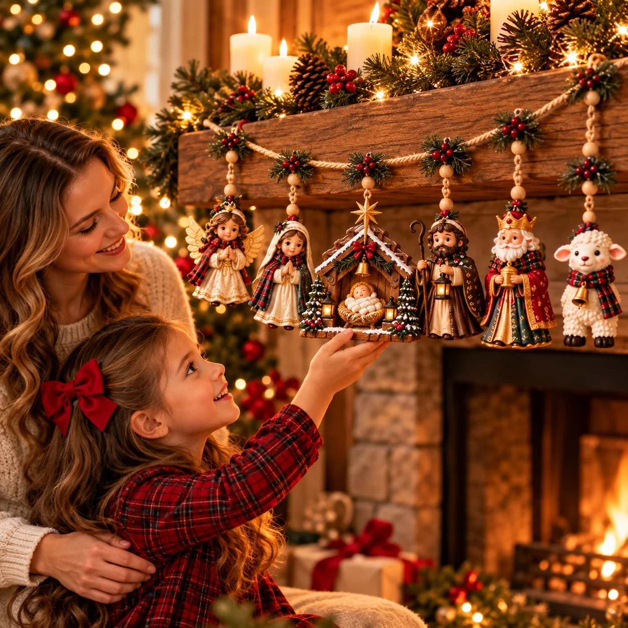 Mother and daughter admiring the Nativity garland on a warmly decorated Christmas mantel