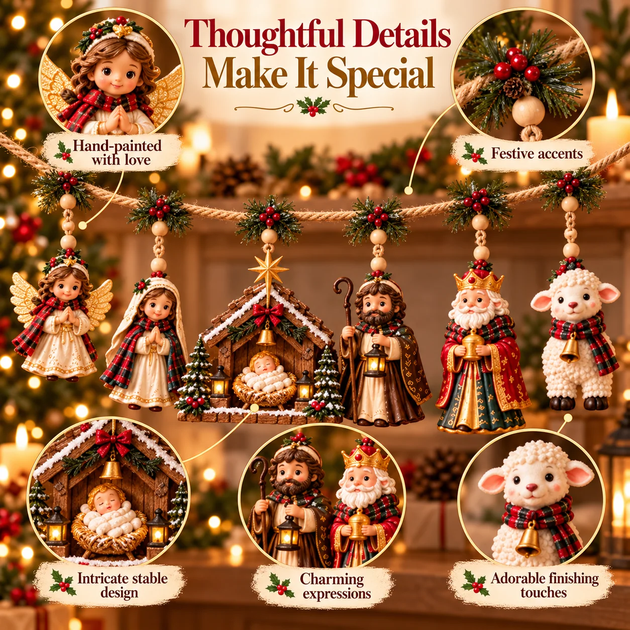 Close-up details of Nativity garland characters, manger, wooden beads, festive berries and hanging decorations
