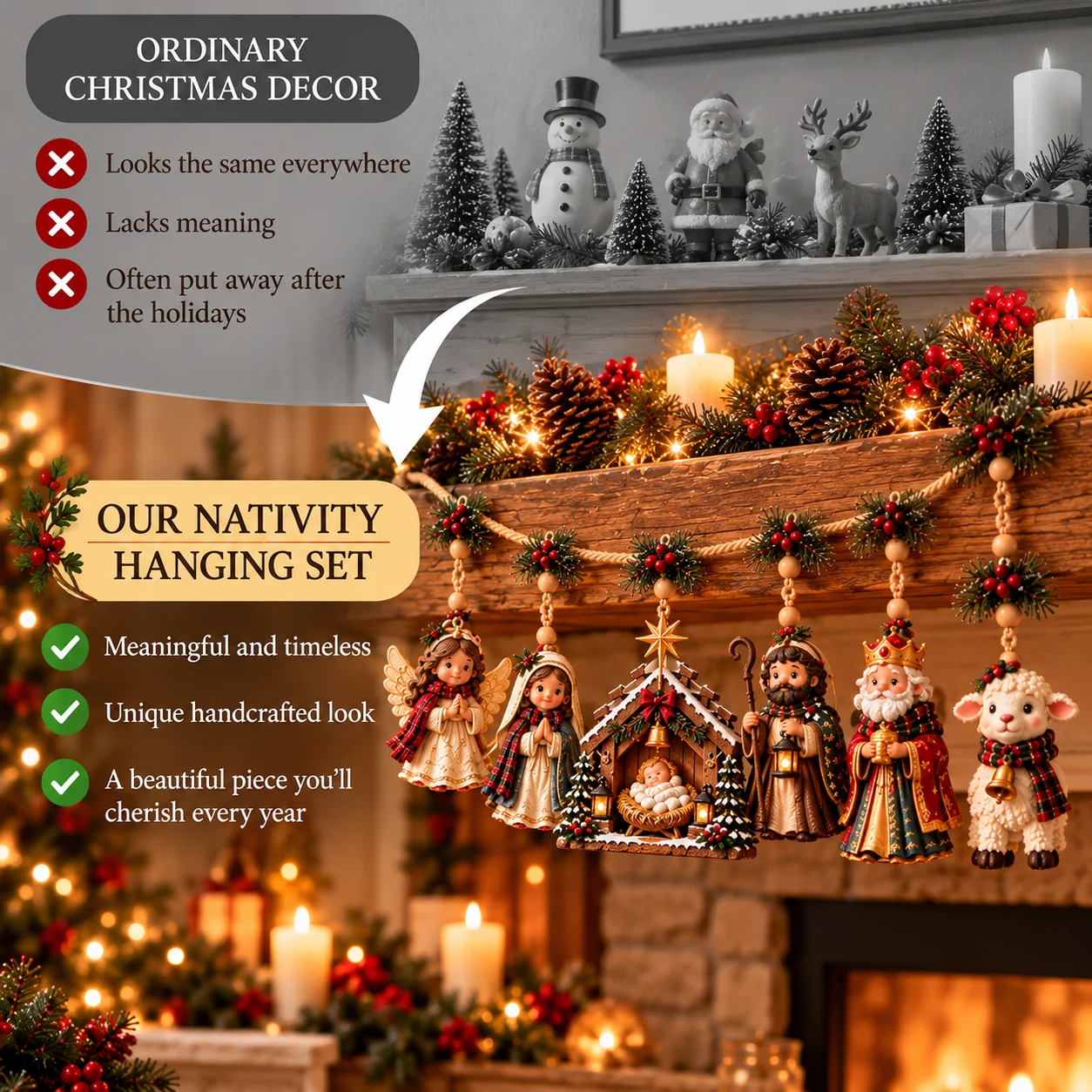 Comparison between generic Christmas mantel decorations and faith-inspired Nativity hanging garland