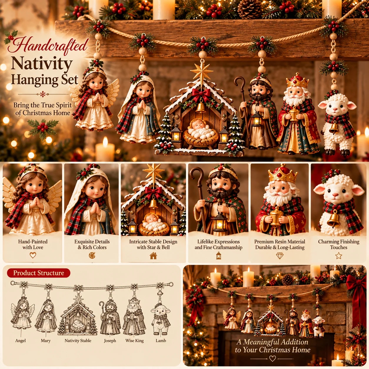 Nativity garland product structure and Christmas mantel display styling