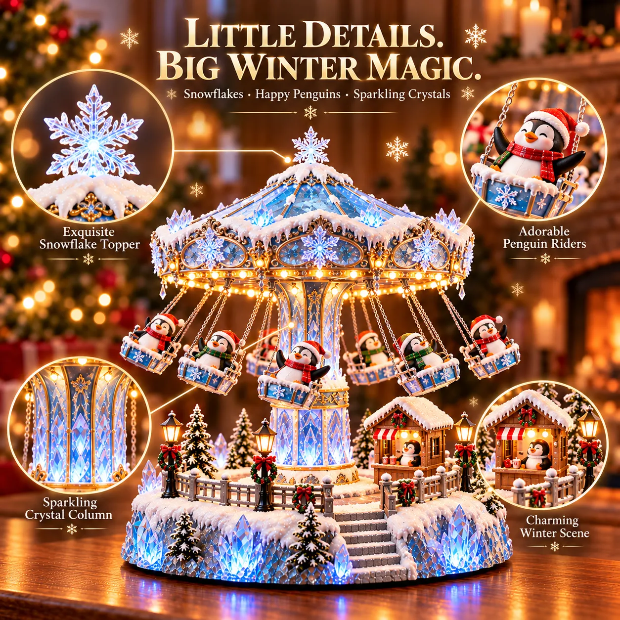 Penguin carousel snowflakes and crystal details
