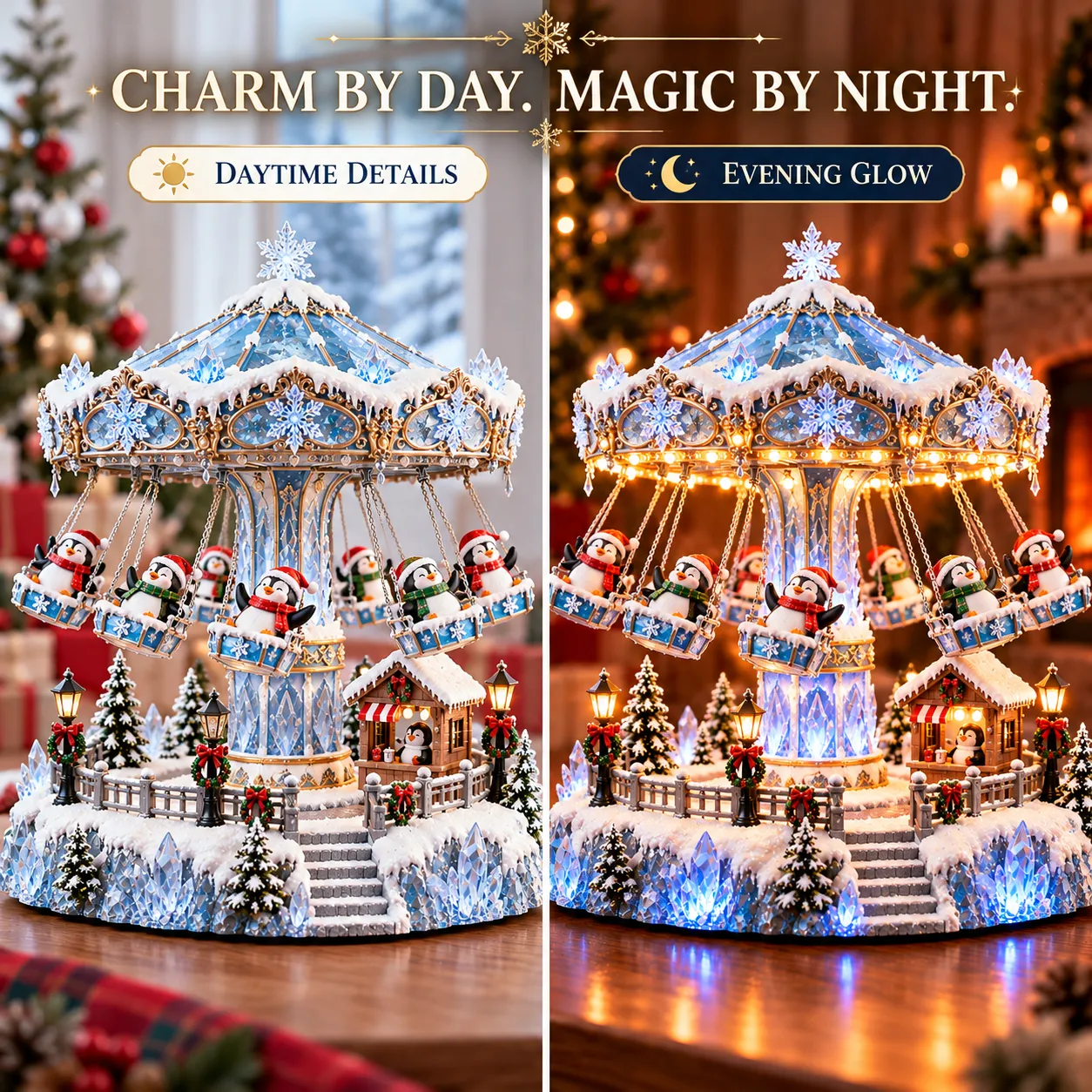 Penguin carousel day and night light comparison