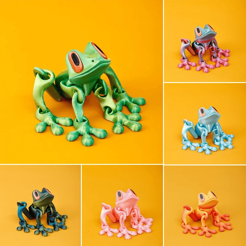 Six colorful magnetic frogs shown in different 3D printed colors