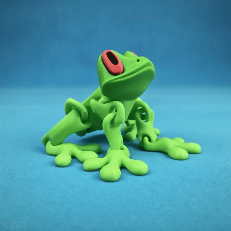 Poseable frog shown against blue background