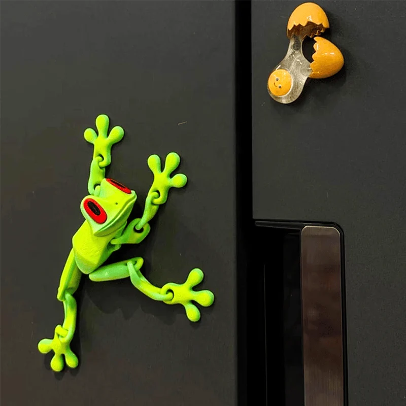 Bright green frog clinging to a magnetic cabinet