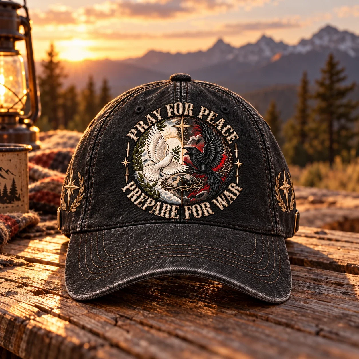 The Pray for Peace Prepare for War vintage washed black cap on a wooden table at sunset