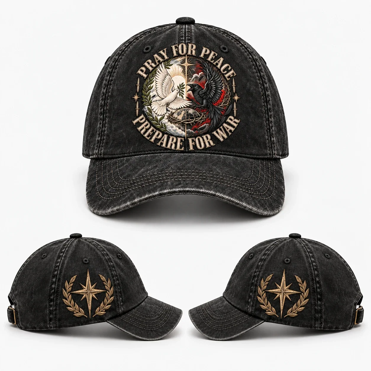 Front and both sides of the cap showing raven and dove artwork and compass laurel motifs
