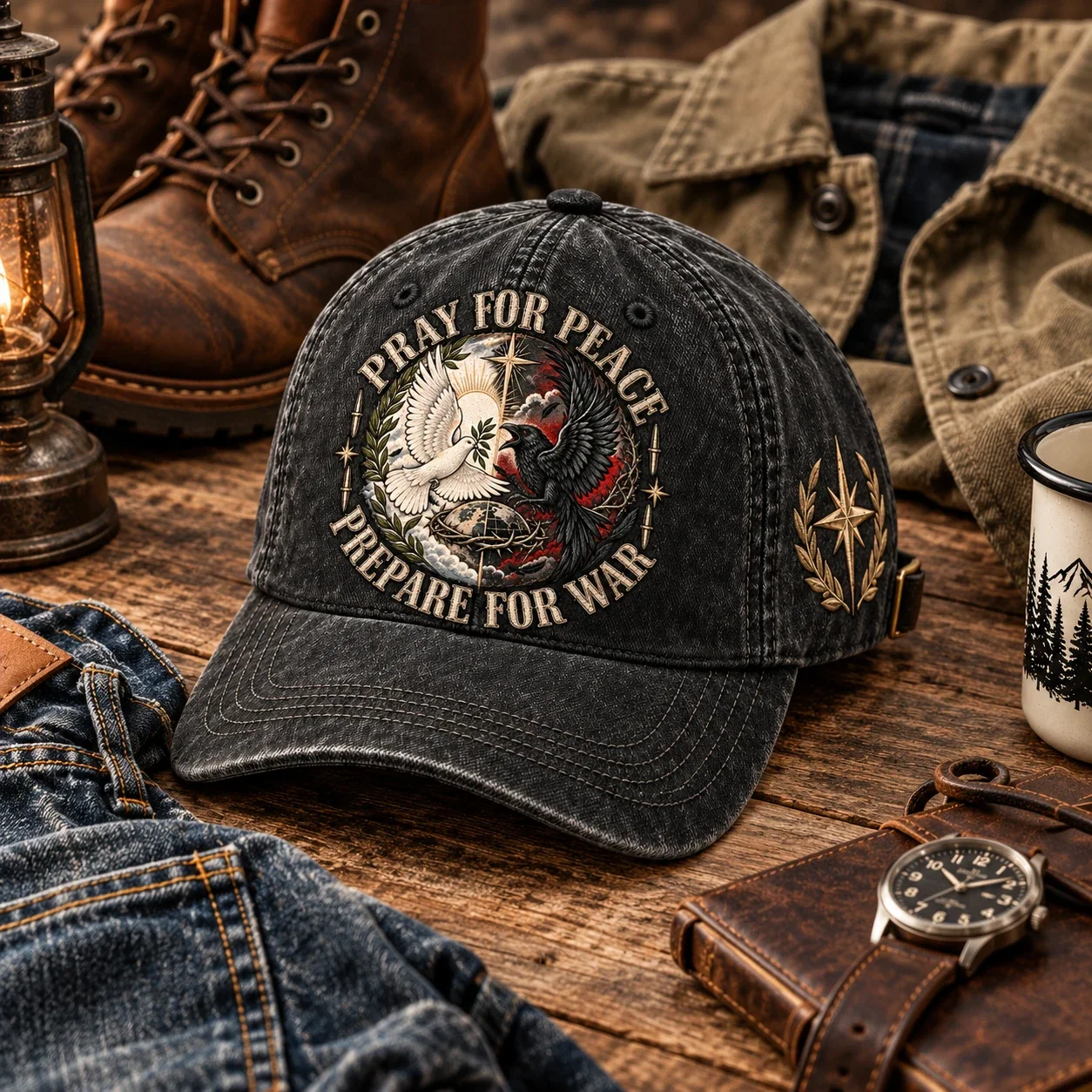 The vintage cap displayed with everyday outdoor clothing and accessories