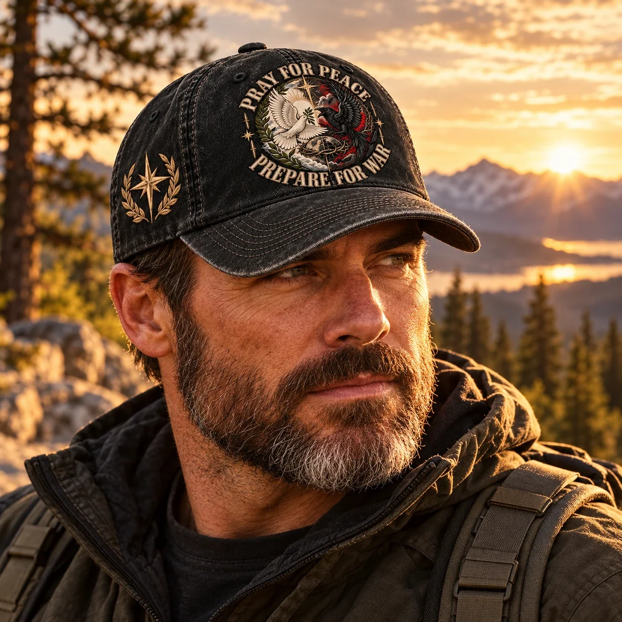 Mature man wearing the raven and dove vintage cap in an outdoor mountain setting