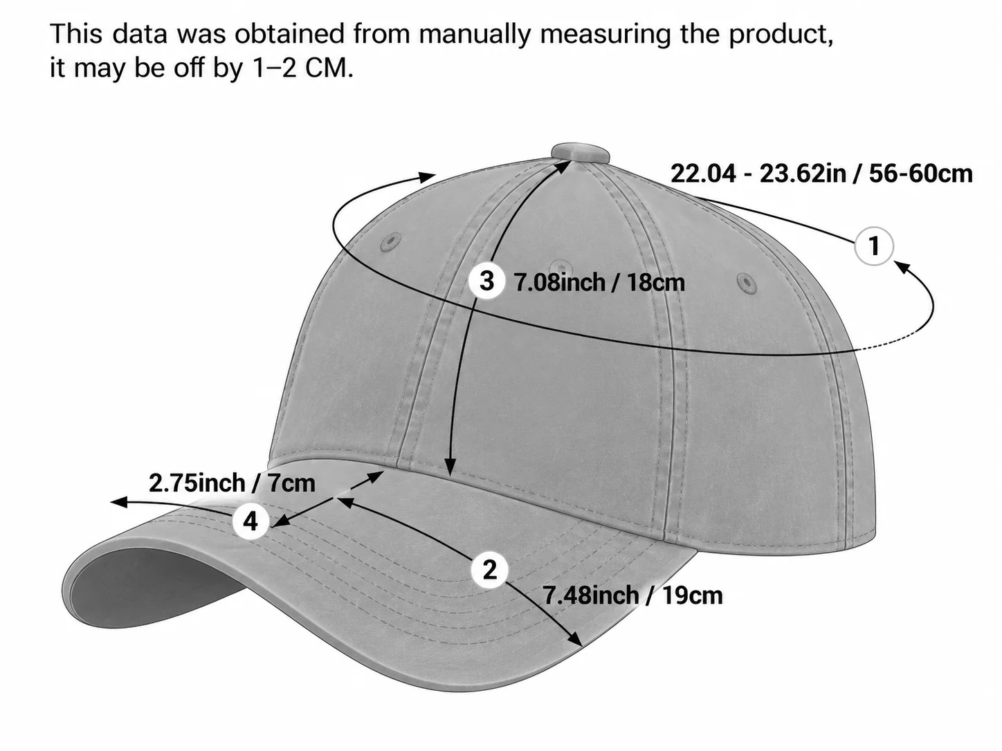 Baseball cap size reference, head circumference 56–60 cm, crown dimensions and brim dimensions shown for reference