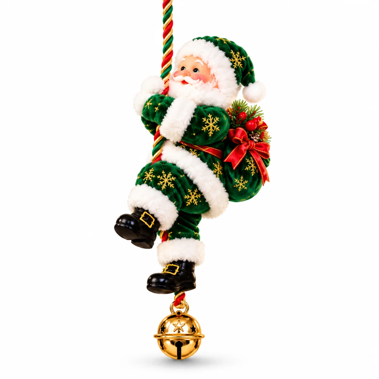 Green Santa rope ornament on white background