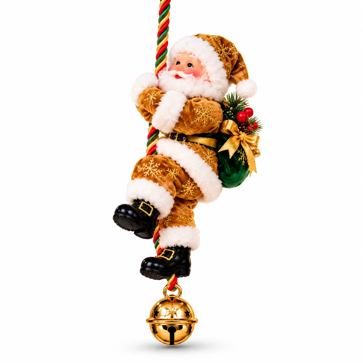 Gold Santa rope ornament on white background