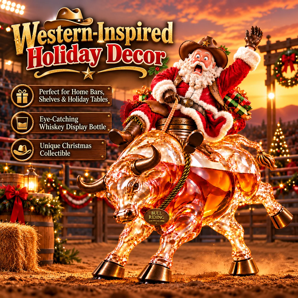 Scared Santa riding a bull in a unique Western Christmas whiskey bottle design