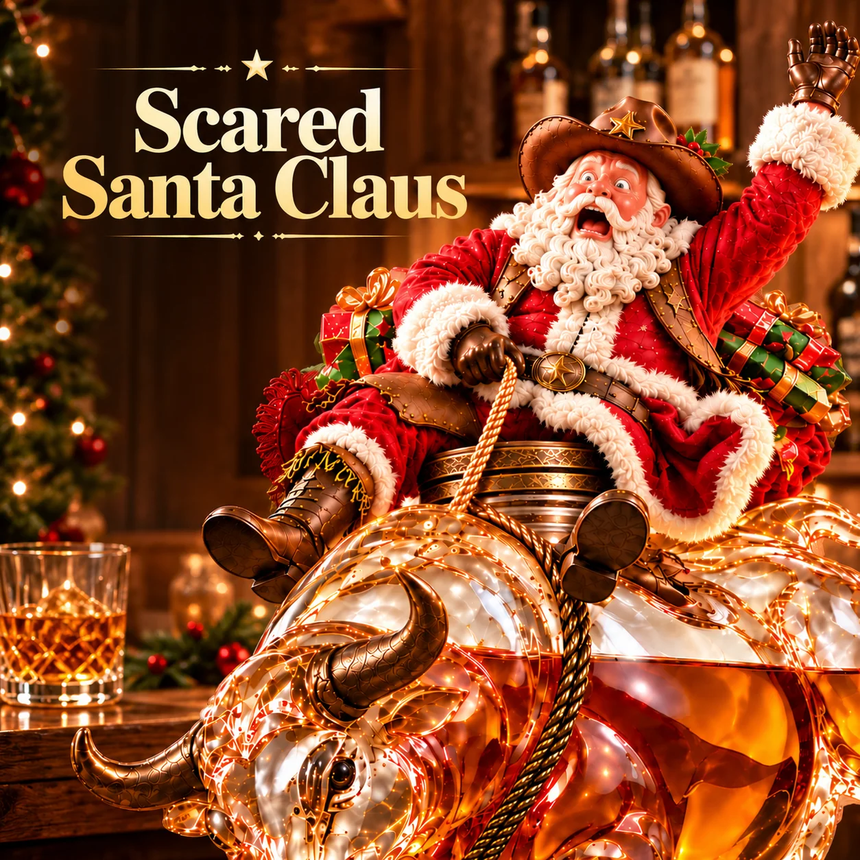 Close-up of surprised Santa cowboy and detailed bull-shaped whiskey display bottle