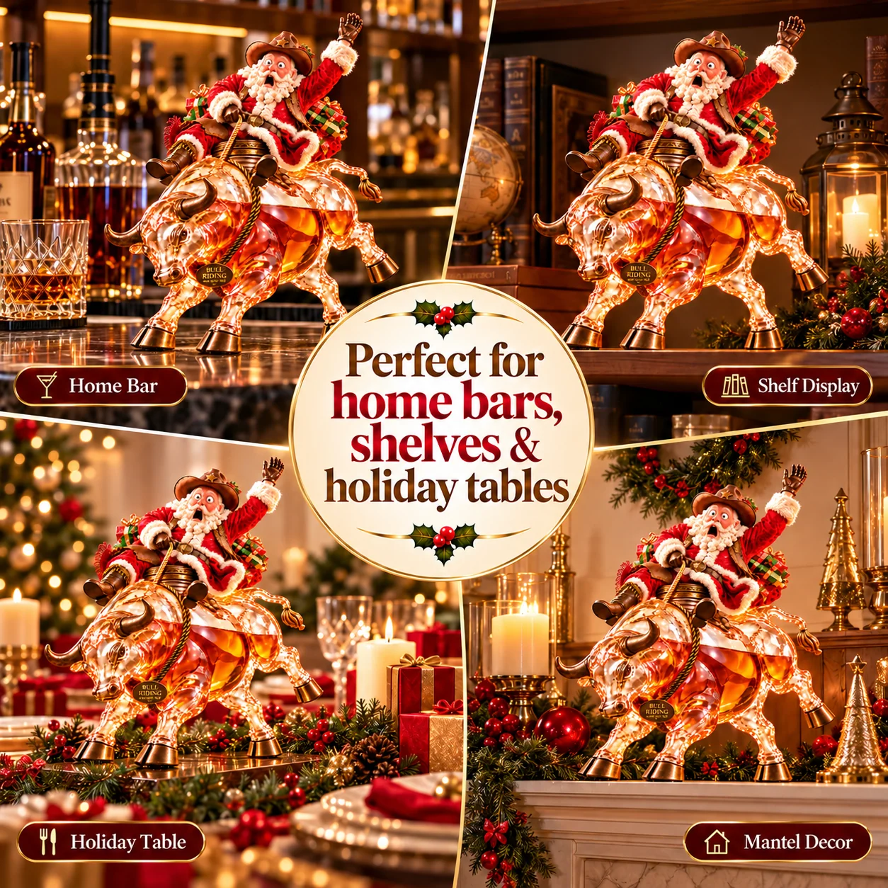 Santa bull rider Christmas whiskey bottle in a home bar, on a bookshelf and on a holiday table