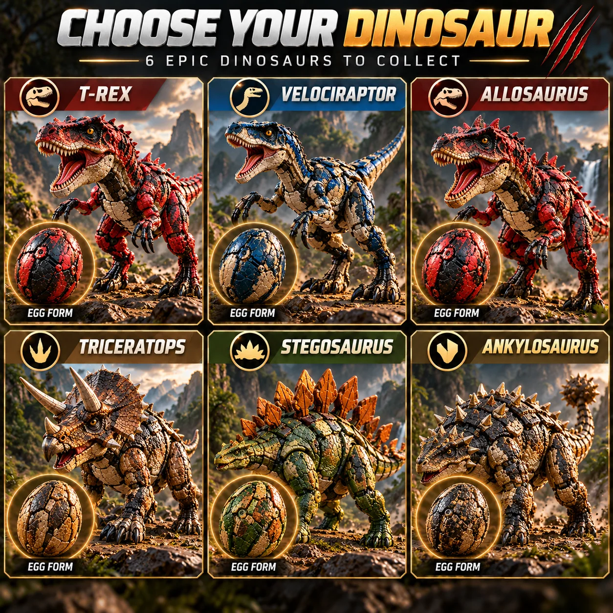 Six dinosaur styles including T-Rex, Velociraptor, Allosaurus, Triceratops, Stegosaurus and Ankylosaurus