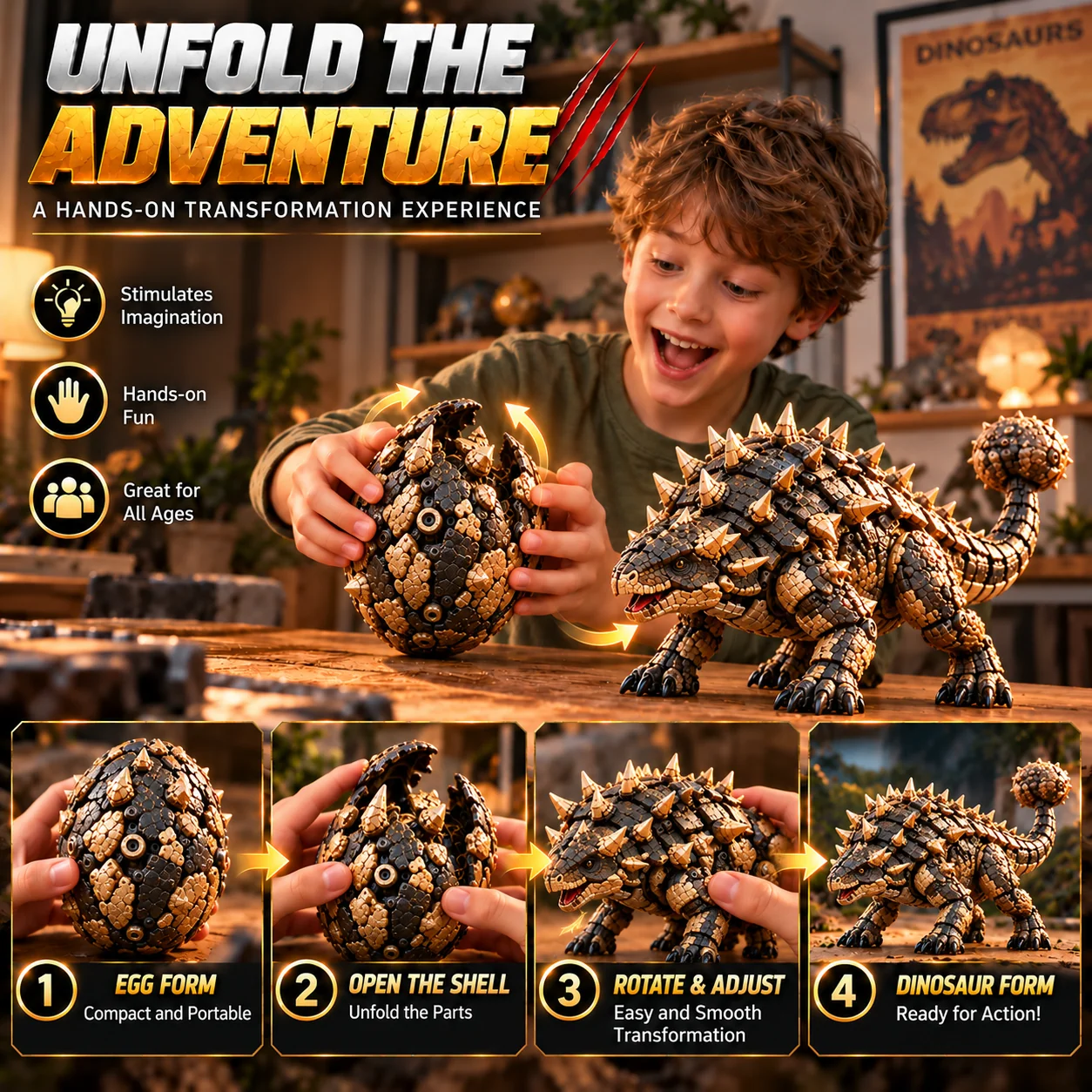 Hands-on mechanical dinosaur egg transforming play scene