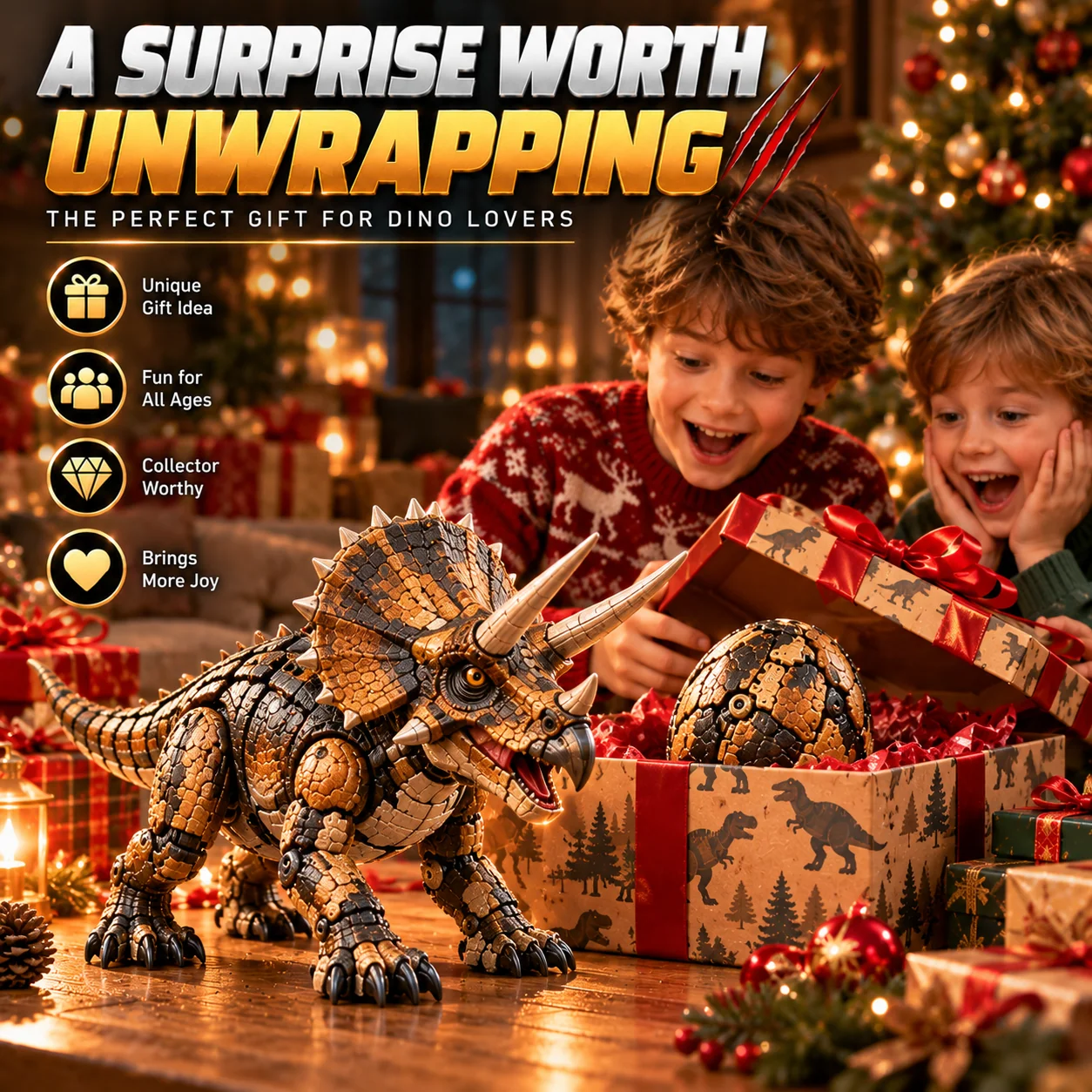 Mechanical dinosaur egg and dinosaur figure in Christmas gift setting