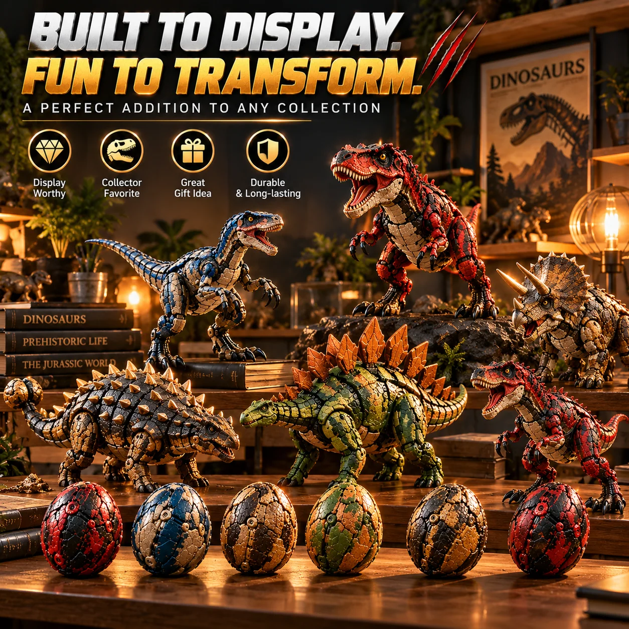 Collectible mechanical dinosaurs displayed on a desk and shelves