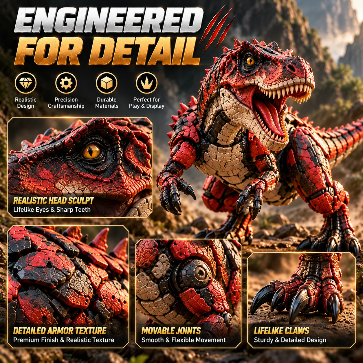 Detailed mechanical dinosaur head, armor, claws and joints
