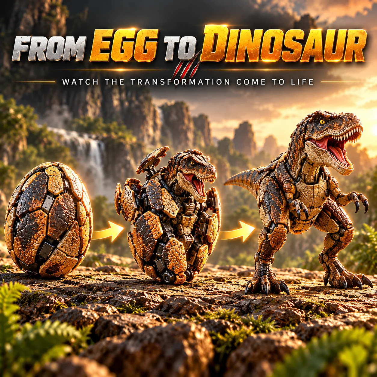 Mechanical egg transforming into a dinosaur concept