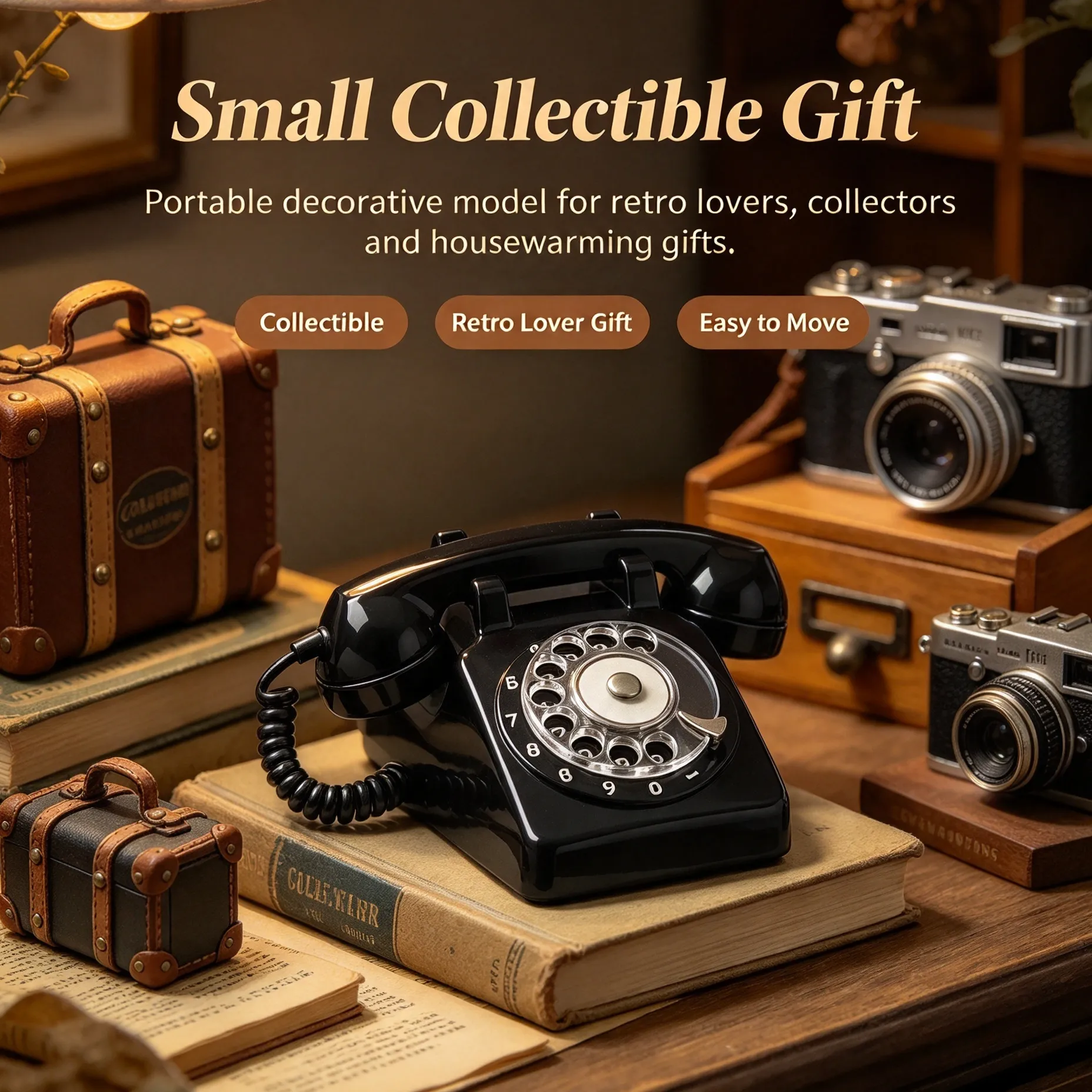 Mini Antique Rotary Phone Replica in glossy black