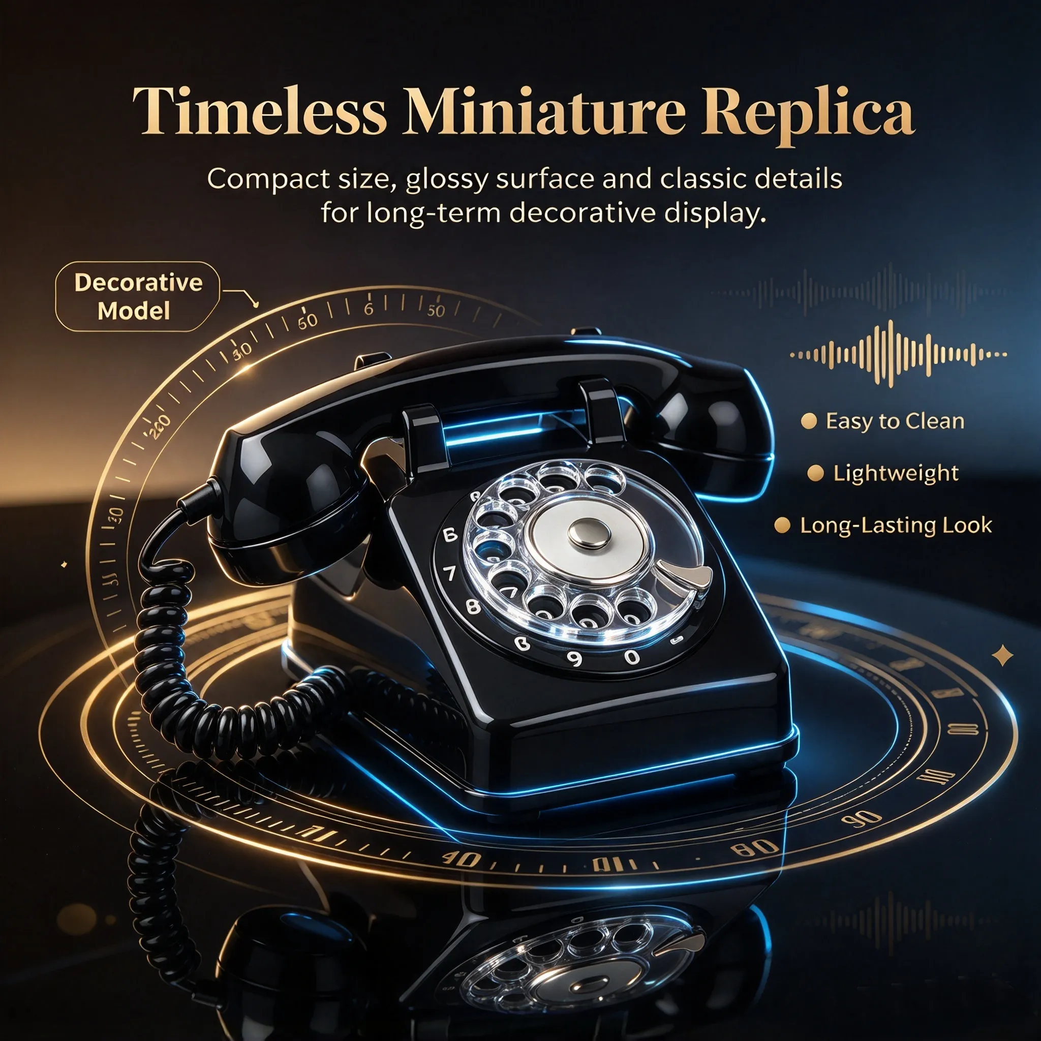 Glossy black miniature rotary telephone material details