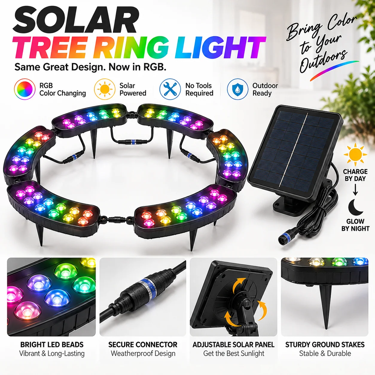 Solar tree ring lighting kit with solar panel