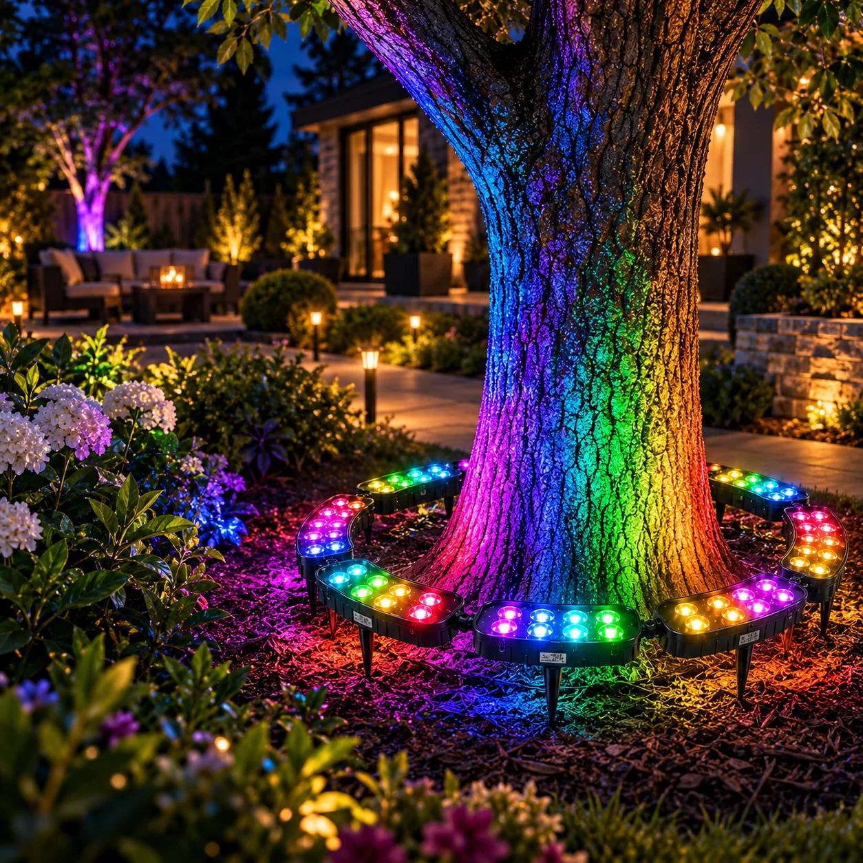 RGB illuminated tree in landscaped yard