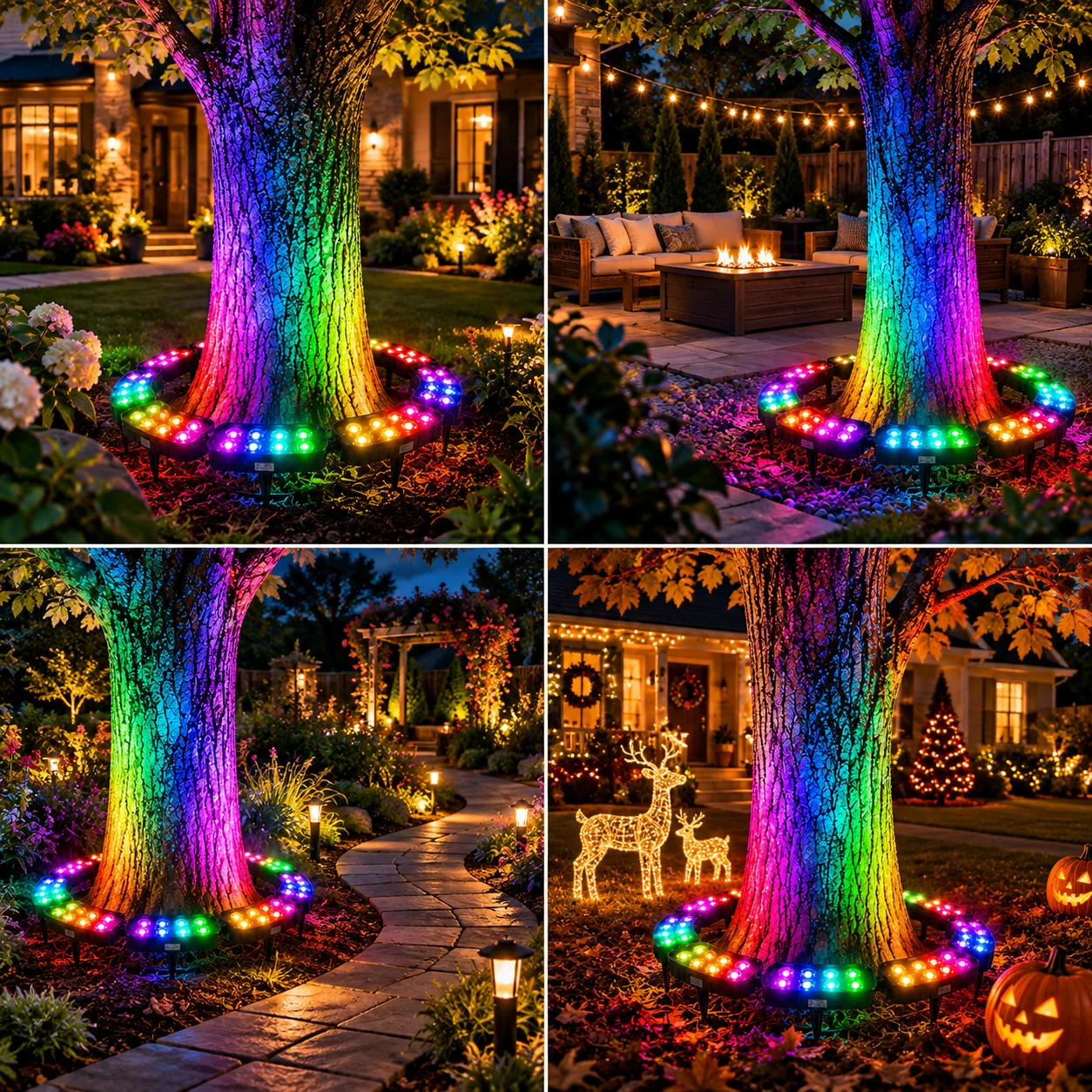RGB tree light in different garden and seasonal scenes