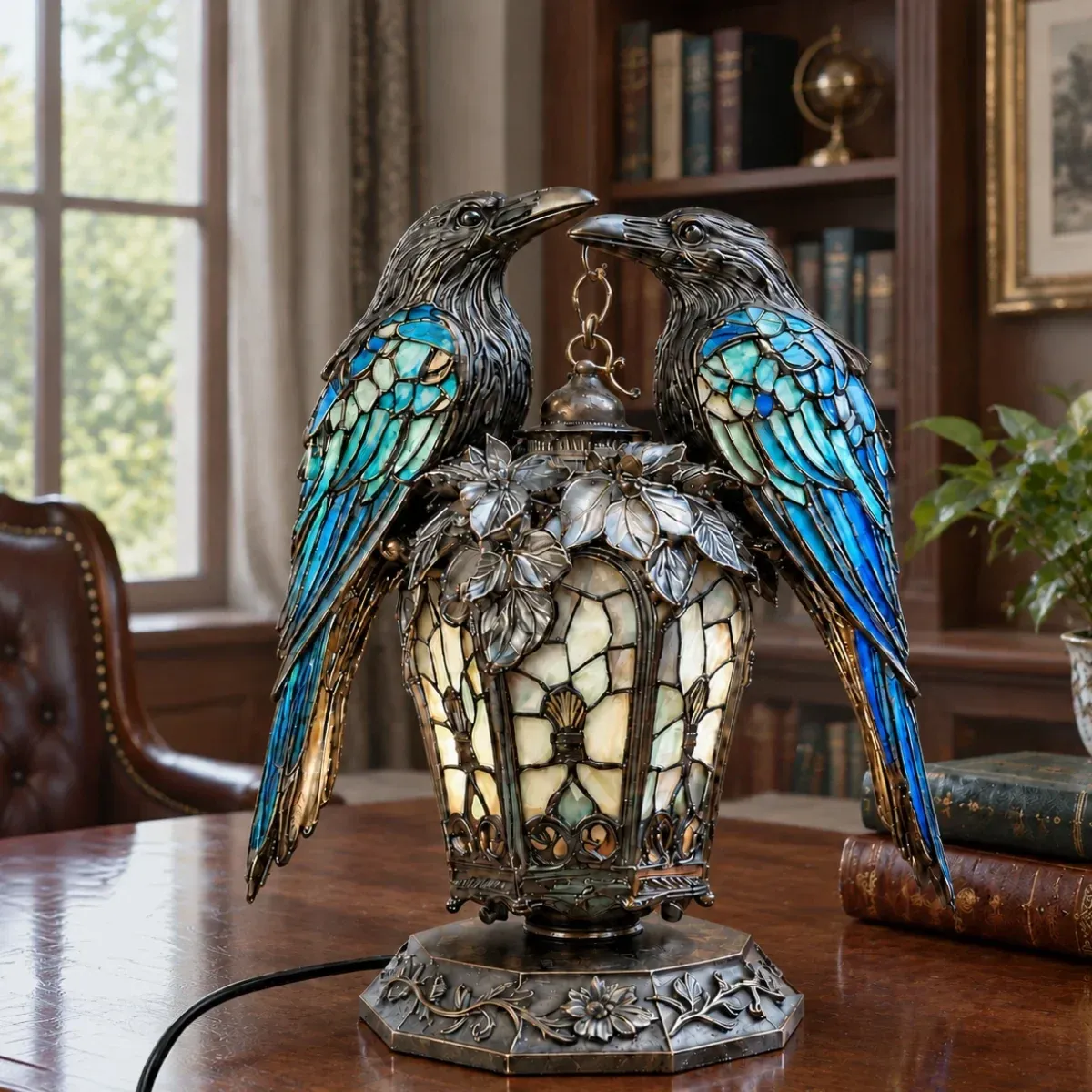 Raven lantern on a desk with its USB cable visible
