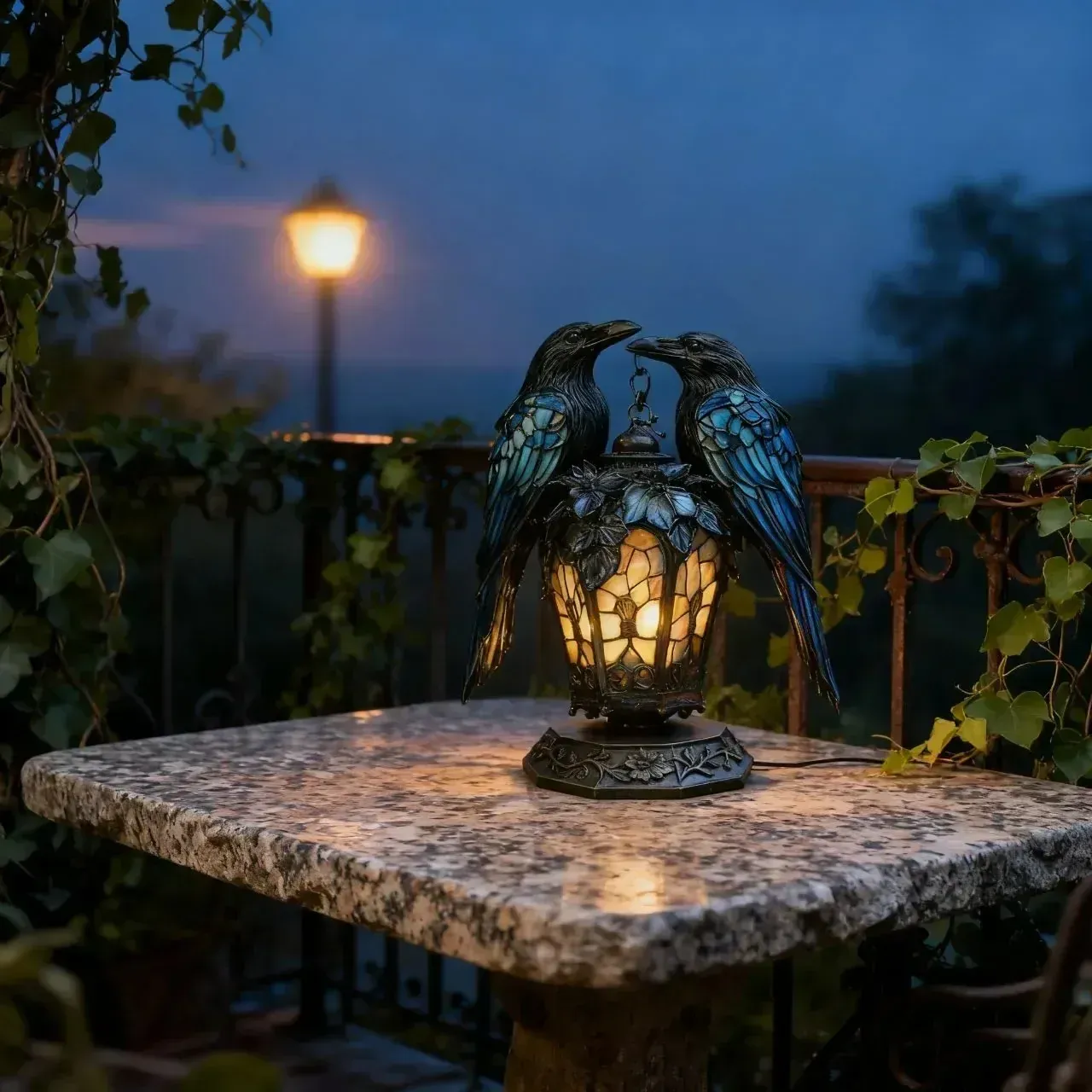 Raven lantern glowing on a terrace at dusk