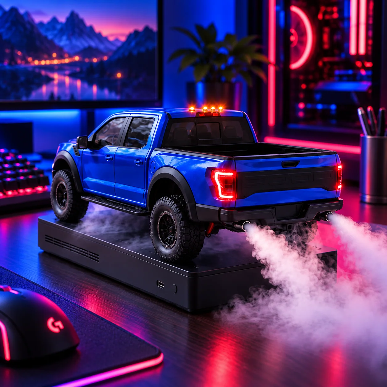 Blue LED pickup truck humidifier in gaming desk setup