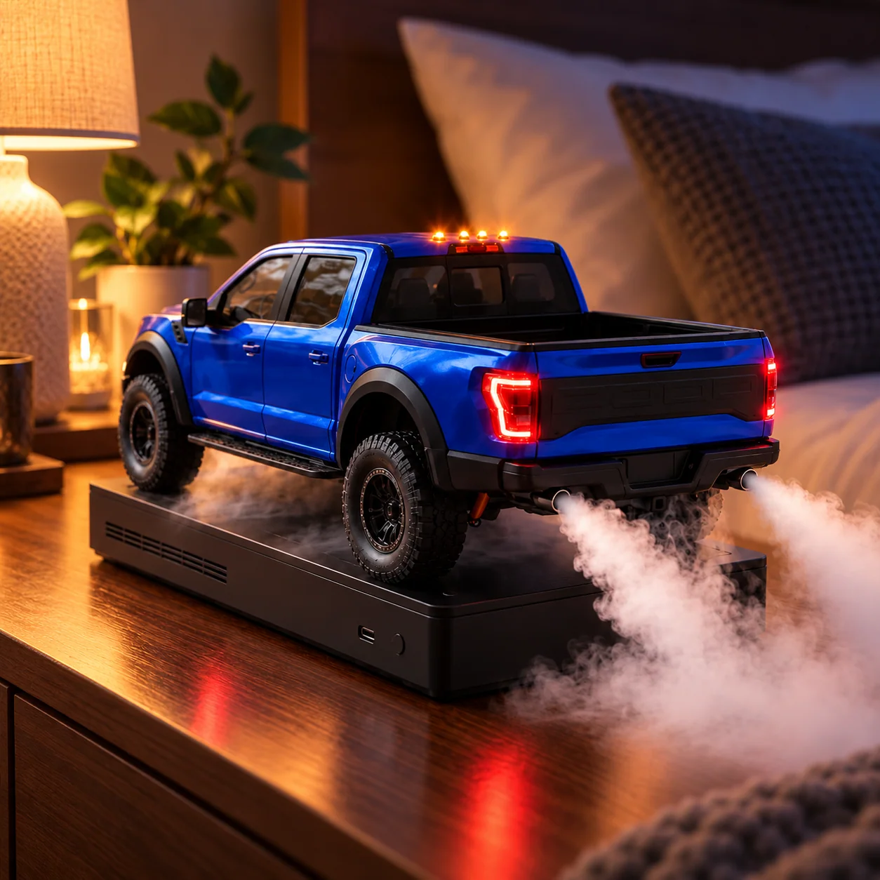 Blue pickup truck humidifier displayed with warm room lighting