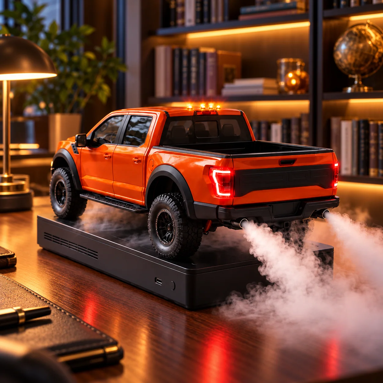Orange pickup truck humidifier producing exhaust-style mist